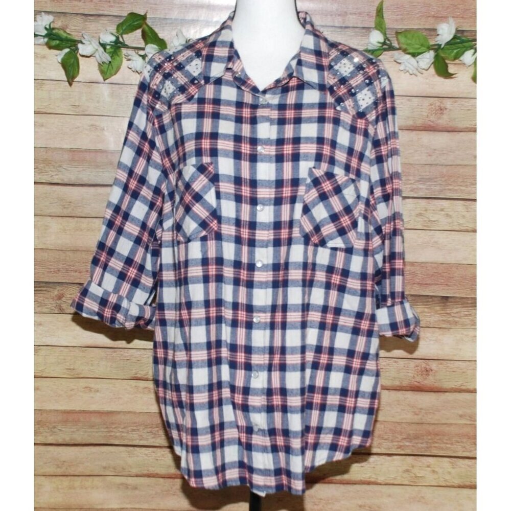 Red Ranch Women's Plaid Studded Button Up Shirt Size 2X Long Roll Tab Sleeves